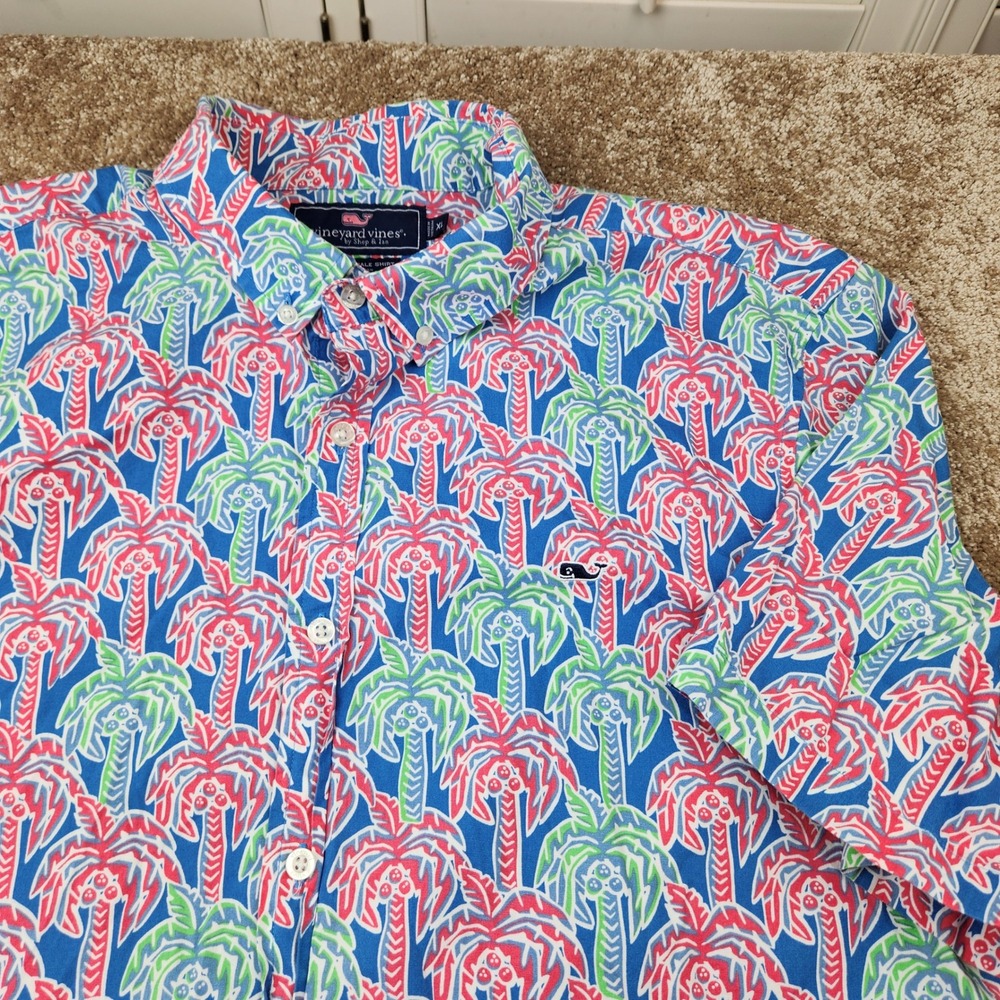 Vineyard Vines Mens XL Slim Fit Whale Shirt Blue Pink Palm Tree Short Sleeve